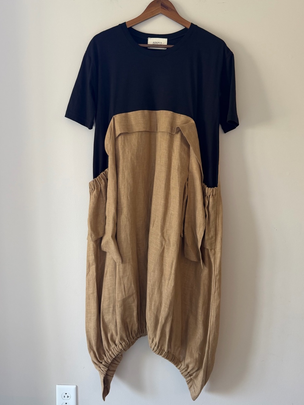 ADEPTT Two-Tone Black and Tan Linen Midi Bubble Dress with Pockets NWT Size S
